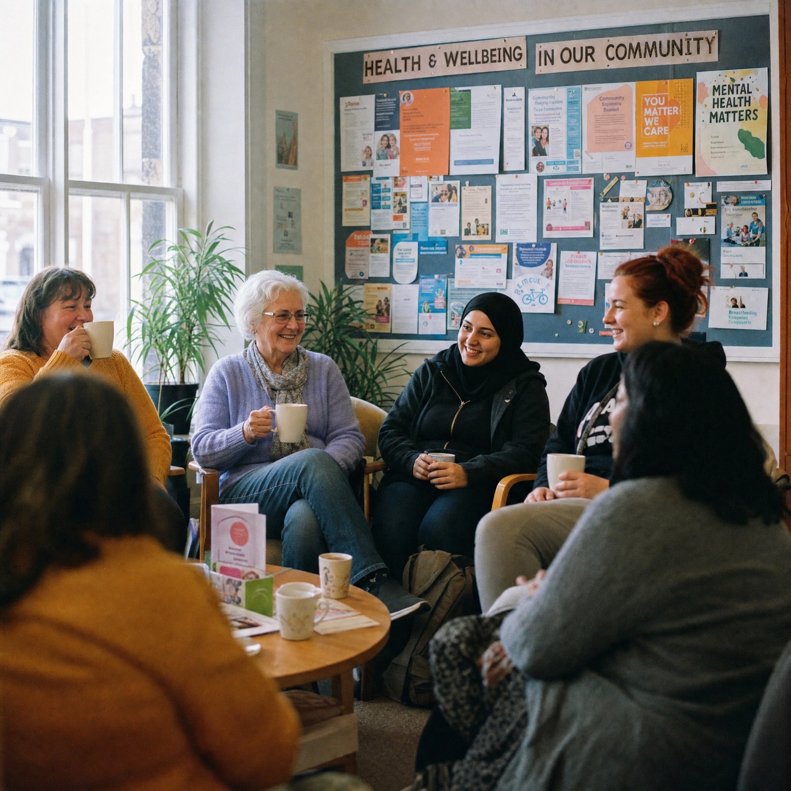 Young adults in a circle of chairs in a community room
